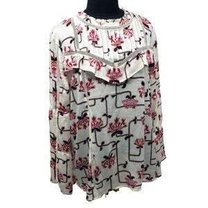 NEW Ann Taylor White Pink Floral Round Neck Boho Blouse Work Top Valentines Day